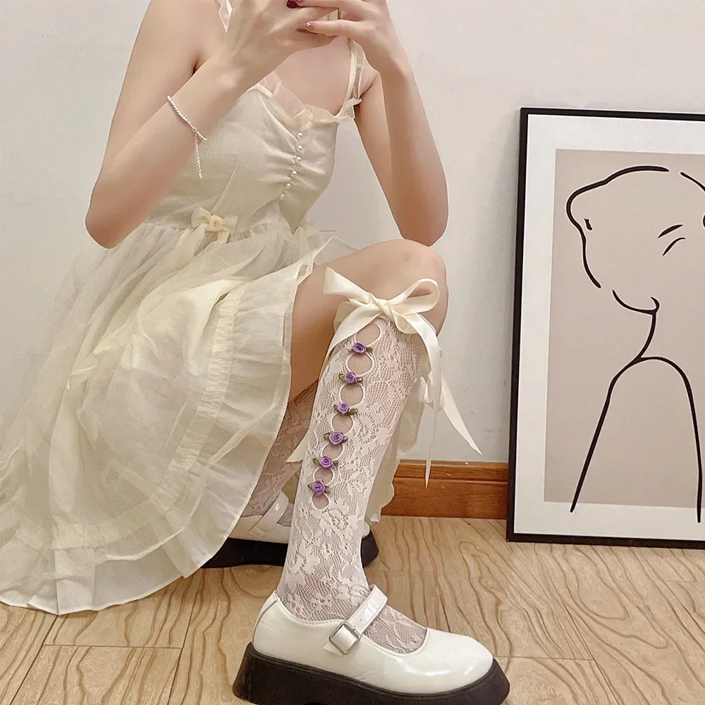 Vrouwen Sexy Kant Mesh Wit Zwart Visnet Knie Hoge Lange Sokken Lingerie Leuke Gotische Stijl Ruches Holle Boog JK Lolita Kousen