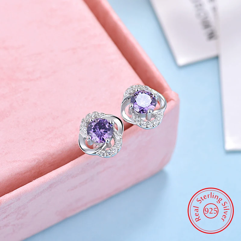 

Pure 925 Sterling Silver New Fashion Jewelry Crystal Flower Stud Earrings For Women XY0229