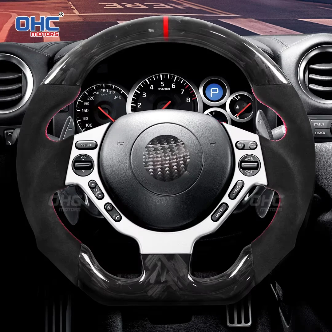 عجلة قيادة مخصصة من ألياف الكربون النقي 100% من OHC لـ 2009-2017 نيسان GTR R35 جلد مثقوب بدون وسادة هوائية #1