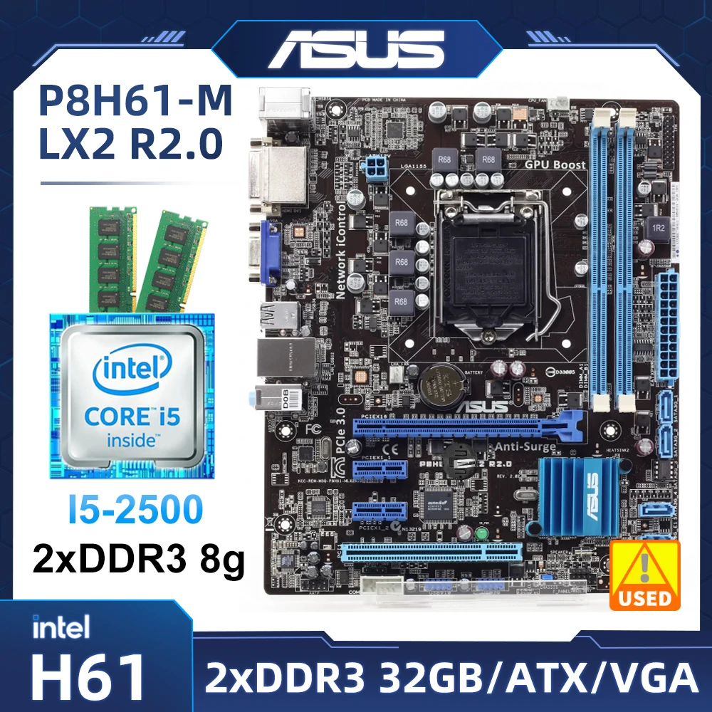 

1155 motherborad kit ASUS P8H61-M LX2 R2.0 with i5-2500 cpu+ 2xDDR3 8g ram support i3-2100 i3-3220 cpu Intel H6 PCI-E 2.0