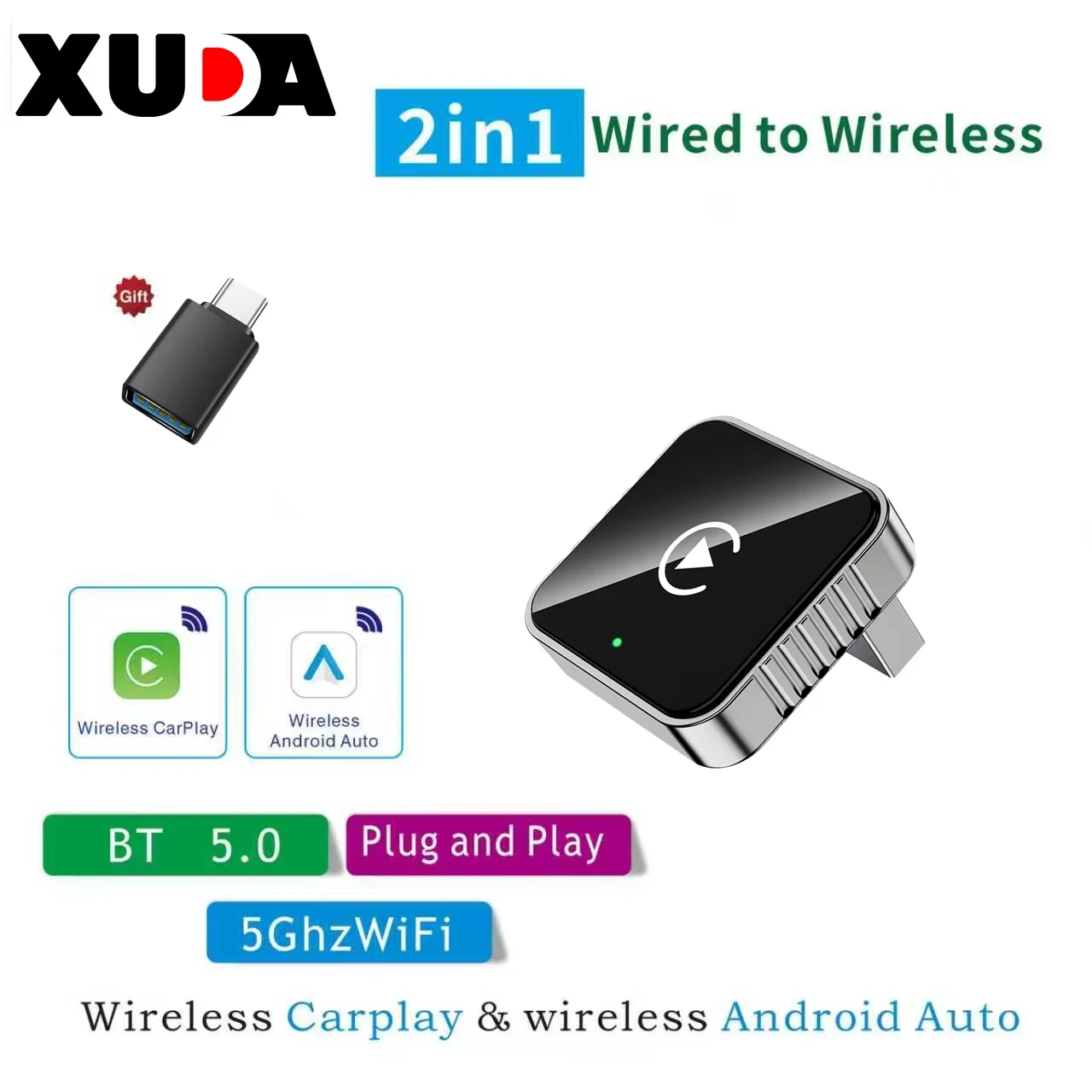 XUDA 2-in-1 bedrade naar draadloze CarPlay Android Auto adapter voor OEM autoradio met USB-dongle mini-box plug-and-play Bluetooth