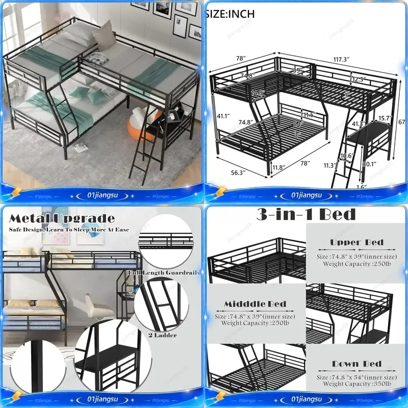 L Shaped Metal Triple Bunk Bed with Desk Twin Over Twin Over Full Size Loft Bed Frame with Ladder Space Saving Kids Bedroom