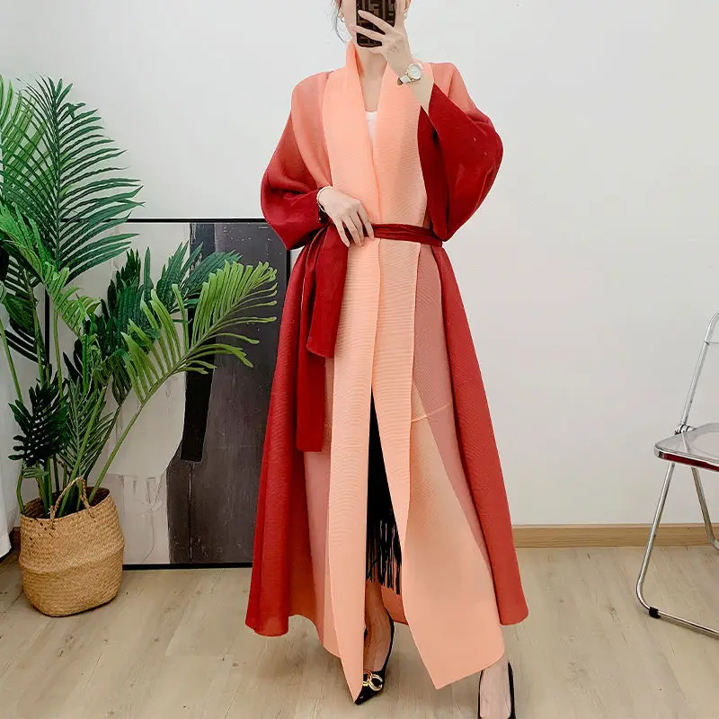Women's Gradient Robe Long Coat Middle Eastern Costume Lengthened Trench Tie Jacket Cardigan Pleated Loose Drag Floor Trendy