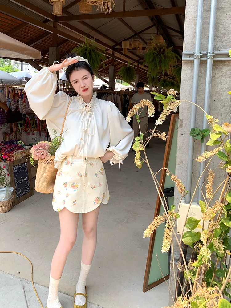 

Ele Satin Women's irt with Wood ain Commute Sle Loose Fit Long Sve Stand Collar Pure Color Faionable