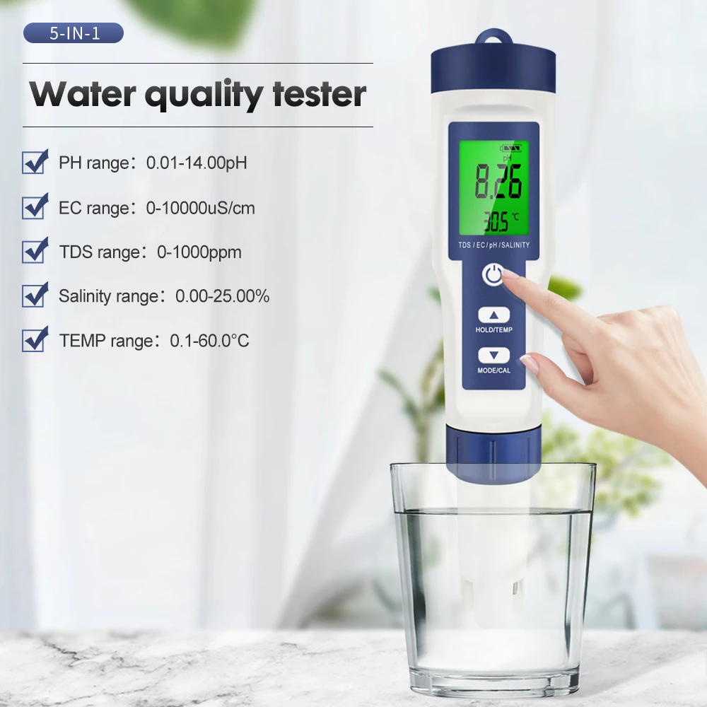 Tester digitale della qualità dell\'acqua 5 in 1 TDS/EC/PH/salinità/misuratore di temperatura per piscine acquari rilevatore di qualità