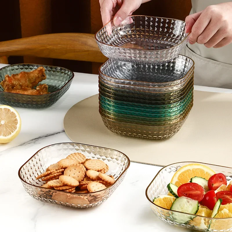 Pratos de frutas quadrados transparentes, 4 unidades, sala de estar, lanche, bandeja de frutas, mesa de festa, bandeja de armazenamento de alimentos, prato de frutas, disco de osso
