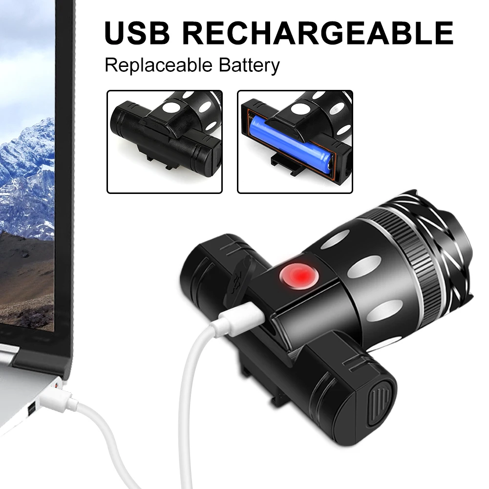 T6 LED Bike Headlight Adjustable Zoom Bicycle Front Light USB Rechargeable Waterproof Cycling Flashlight Road MTB Accessories