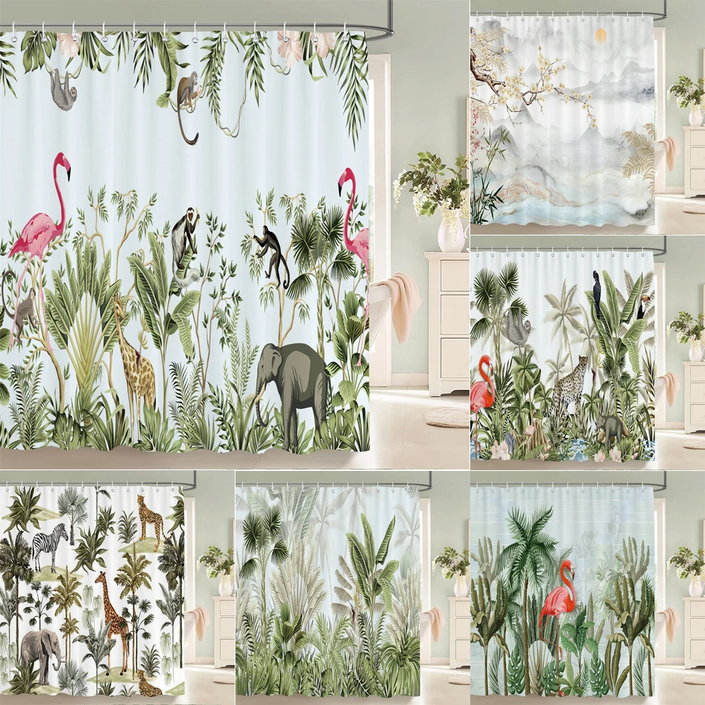 

Tropical Plants Leaf and Animals Shower Curtain Print Modern Nordic Minimalist Polyster Home Decor Bathroom Curtain with Hooks