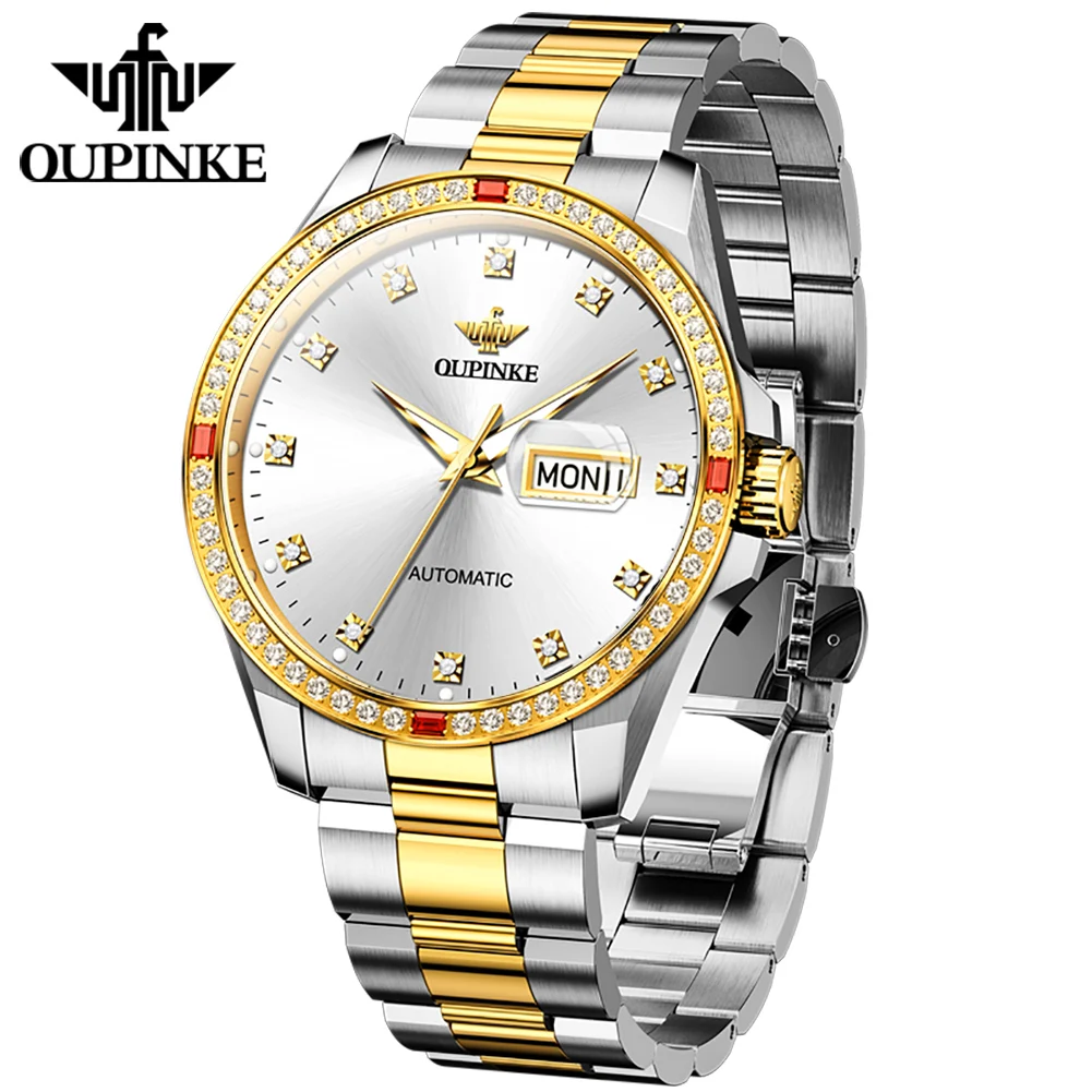 OUPINKE 3261 Luxury Original Man Wrist Watches Diamond Dial Automatic Mechanical Watch For Men Dual Calendar Business Hand Clock