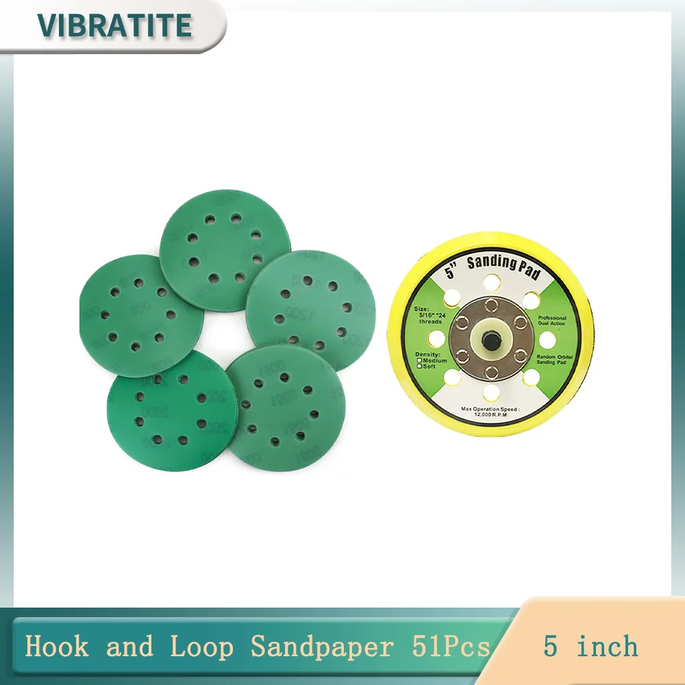 

5 Inch 8 Holes Hook and Loop Green Sandpaper Kit 51 Pcs Assorted Grit 800-2000 to Better Match Orbital Sanders for Wood Metal