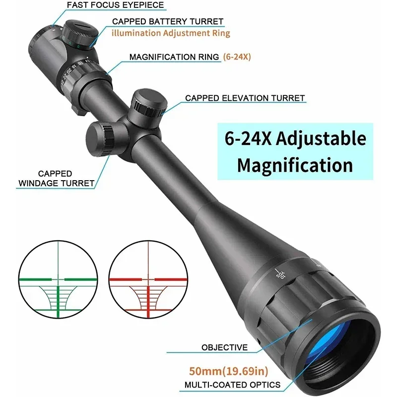 6-24x50 AO Rifle Scope for High-Powered Long-Range Shooting Hunting Scope Illuminated Red/Green Reticle Optics Sight