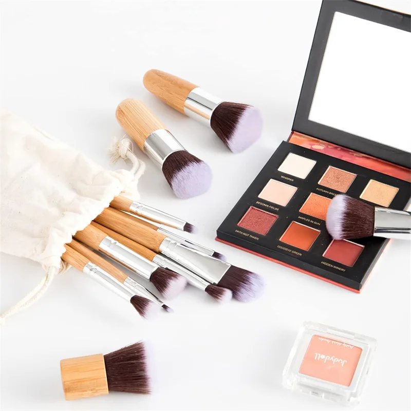 Conjunto de pincéis de maquiagem profissional, 11 peças, cabo de bambu, cerdas sintéticas macias, base, corretivo, pó, blush, sombra