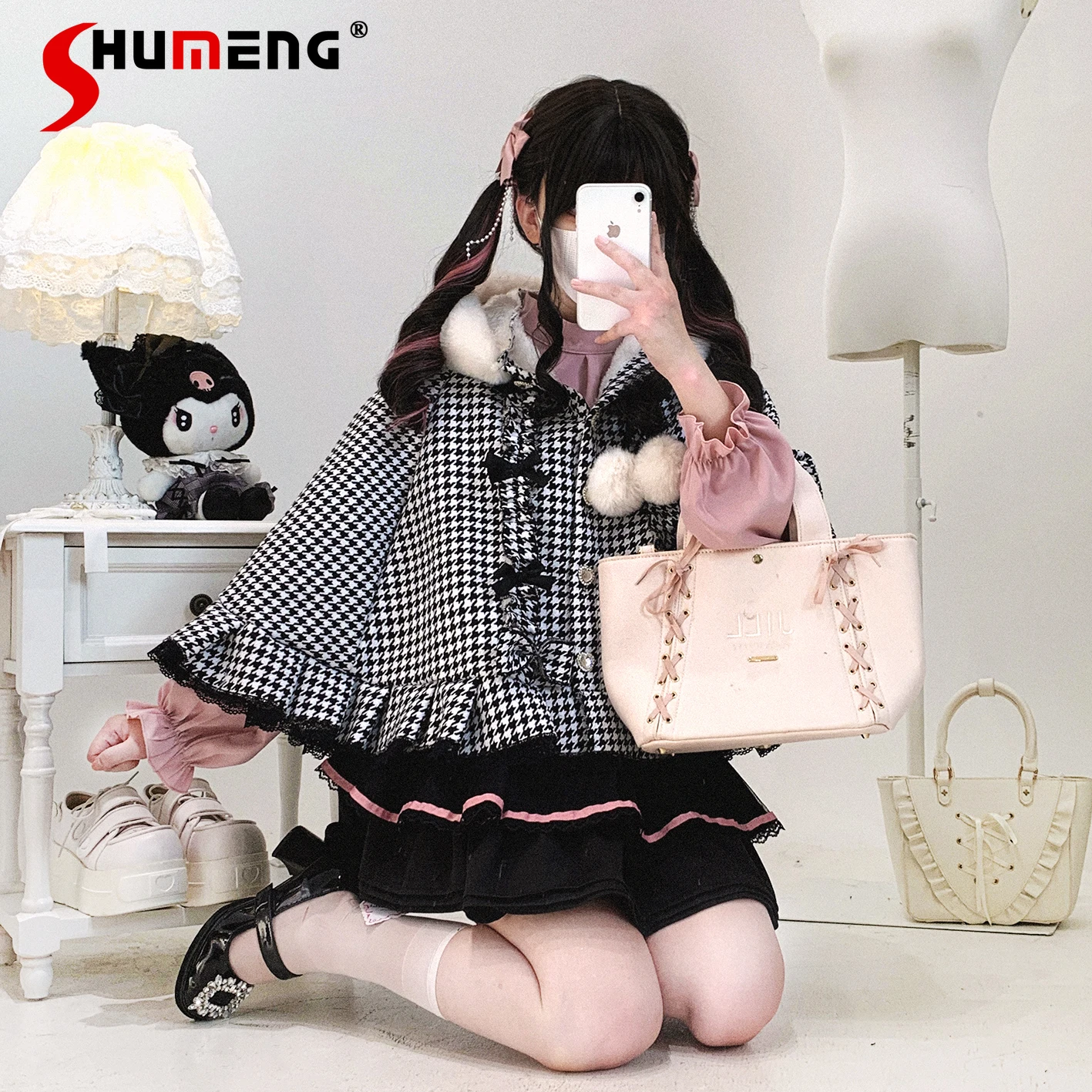 

Autumn Winter New Lolita Black Plaid Hooded Cloak Japanese Mine Plush Warm Single-Breasted Short Jacket Women Y2K Capes Ponchos