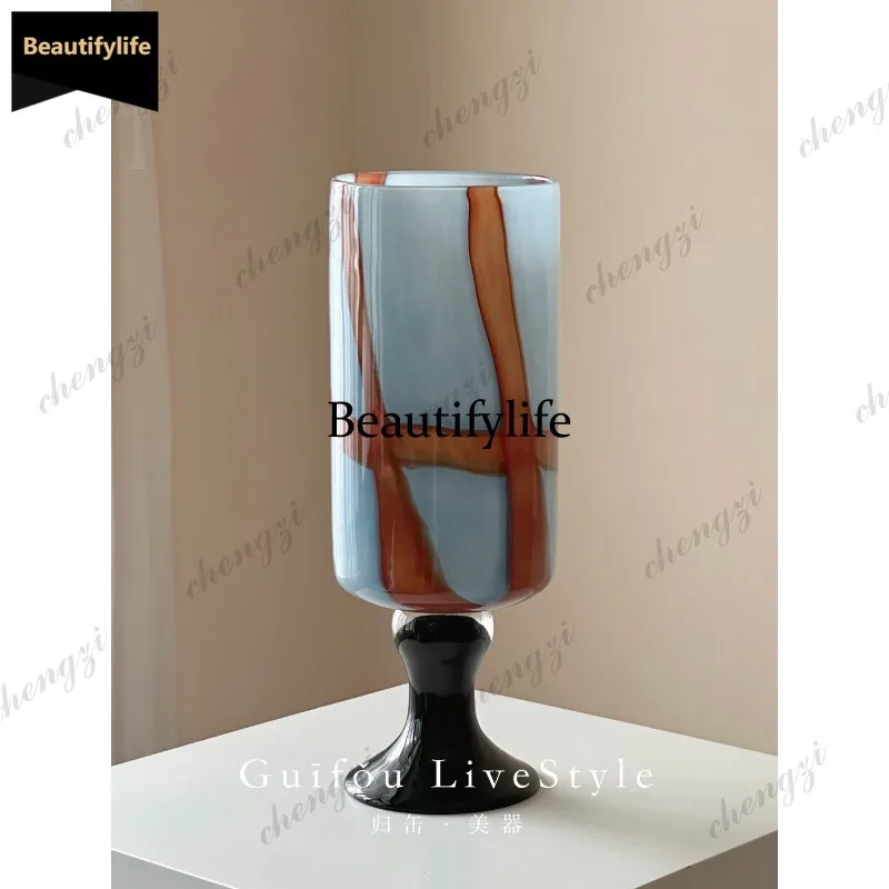 D80 medieval glazed vase, new Chinese high-end high-footed living room entrance ornament, colored glass flower ware
