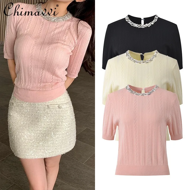 

Solid Color Round Neck Fixed Diamond Multi-color Short-sleeved Pullover Knitted Sweater Top