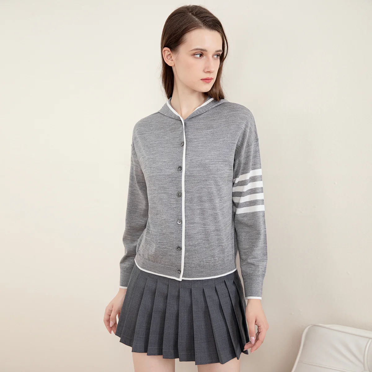 

TC-162 100% merino wool high-quality women's fashion brand woolen cardigan hooded sweater