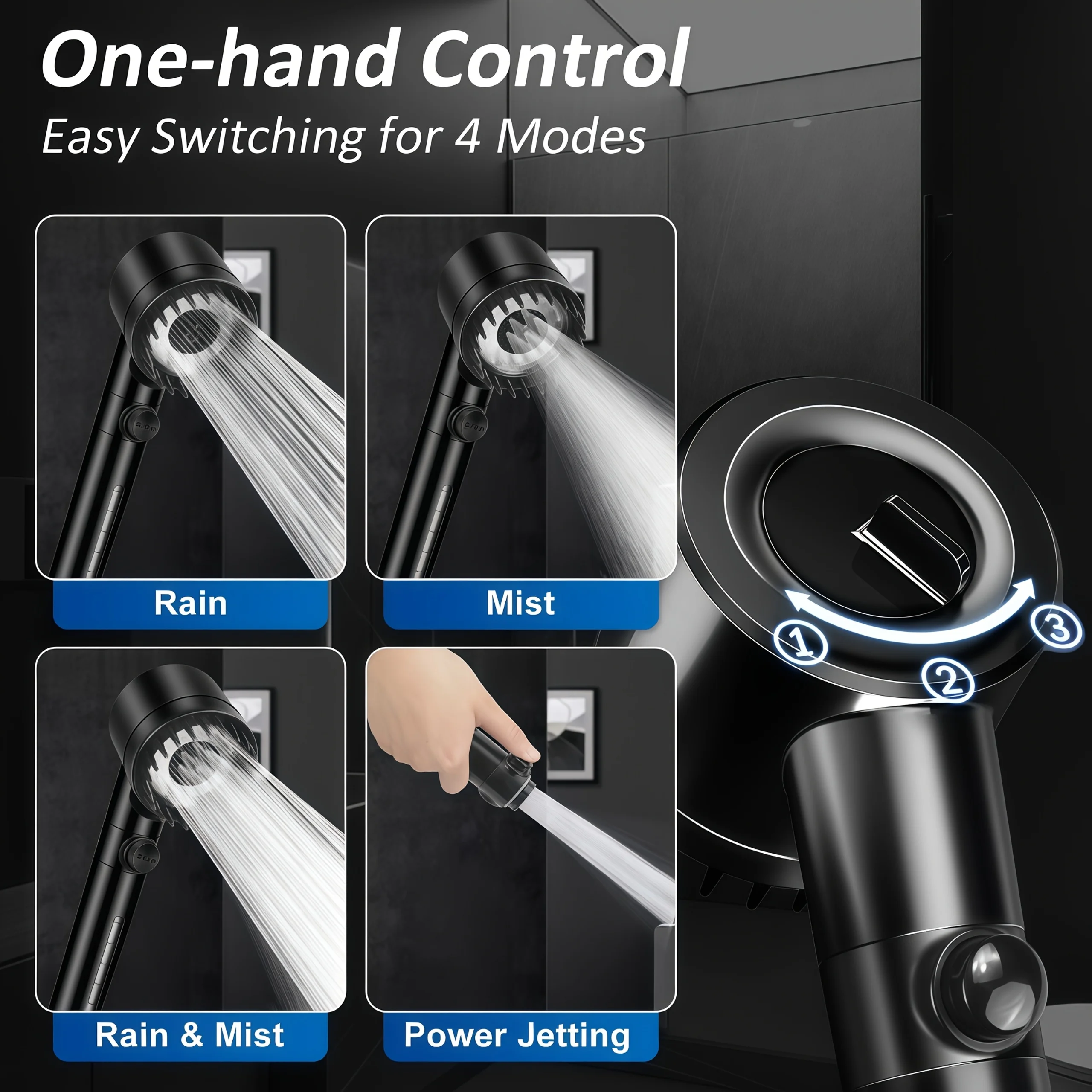 Black 4-Mode High Pressure Handheld Shower Head Set 20/15/10 PCS Replacement Filter Cartridges No Drill Bracket & 62in Hose