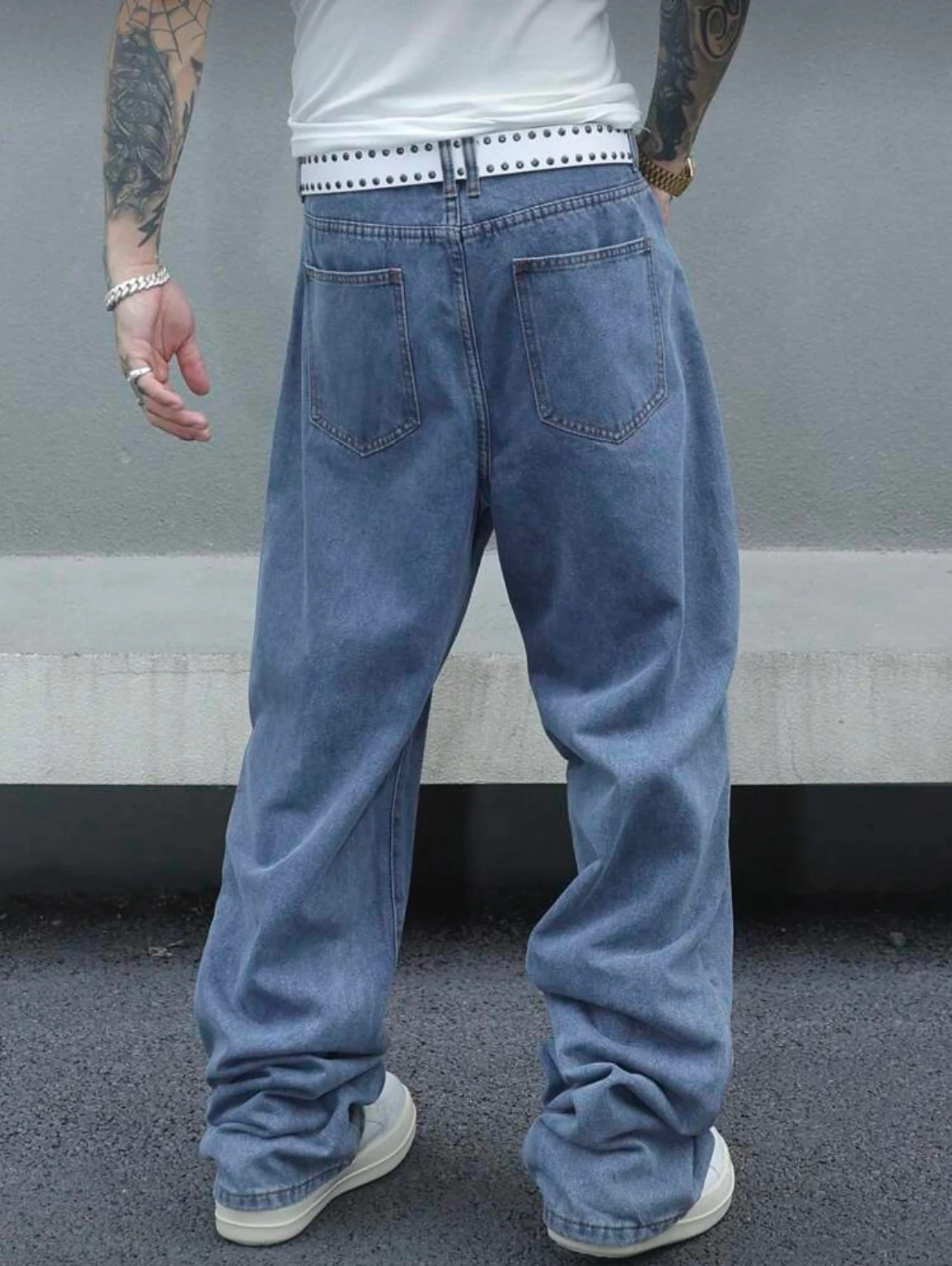 Vintage losvallende gewassen blauwe jeans voor heren, denimbroek met wijde pijpen en rechte pijpen, casual retrostijl, lichtblauw, comfort voor het hele seizoen