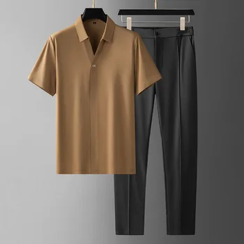 2024 summer new fashion solid color ice silk short-sleeved shirt set men's casual comfortable breathable two-piece set