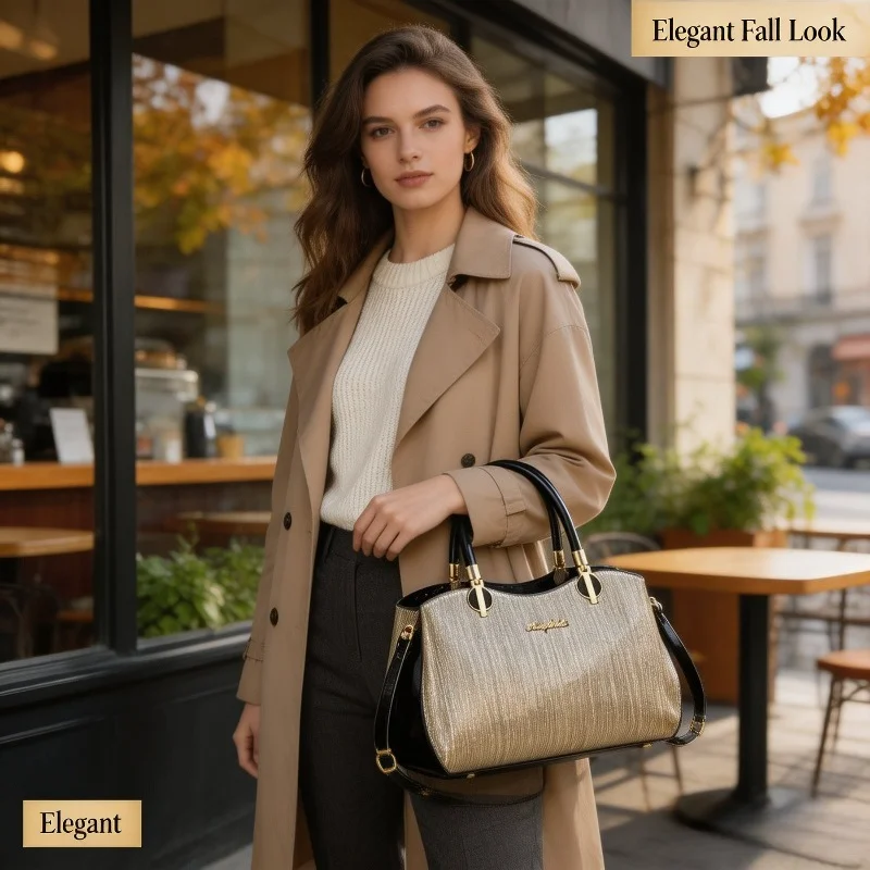 Women Ladies Shiny Metallic Grain Tote Bag Patent Leather Joint Design Top Handle Removable Strap Daily Party Handbag - view 6