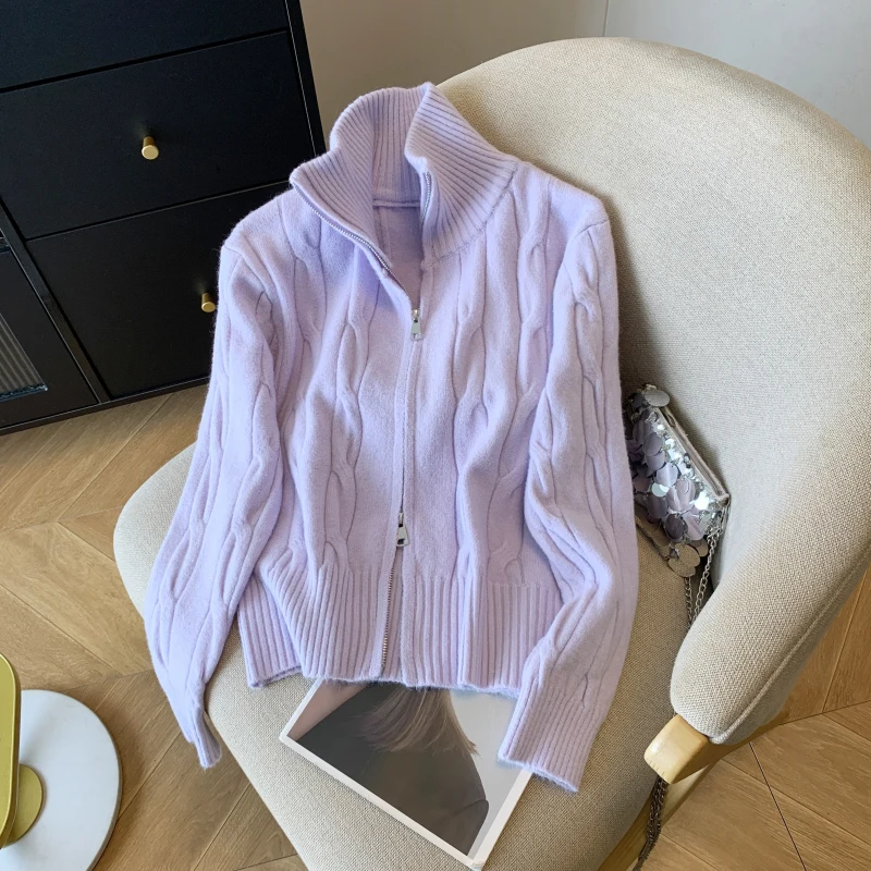 

Женский вязаный свободный кардиган с высоким воротником, свитер, весна-осень, двойная молния, цвет шерсти, 00% сладкий слэ