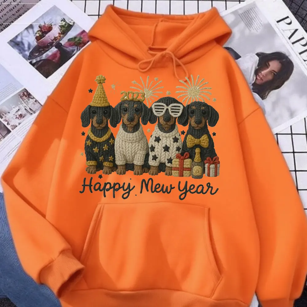 الكروشيه طباعة سنة جديدة سعيدة الكلب الألماني المرأة هوديي لطيف الجراء السنة الجديدة عطلة الحيوانات الأليفة Sweatshitr الكلب عاشق البلوز تصميم #5