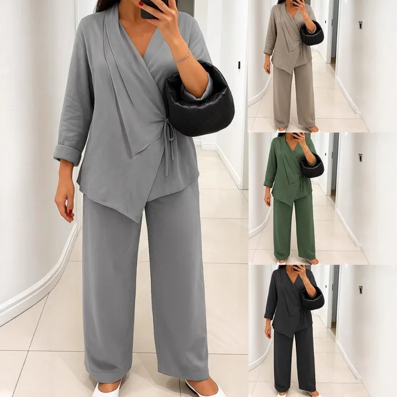 

Весенне-осенний комплект из двух предметов: блузка с длинным рукавом и широкие брюки, повседневный наряд для женщин