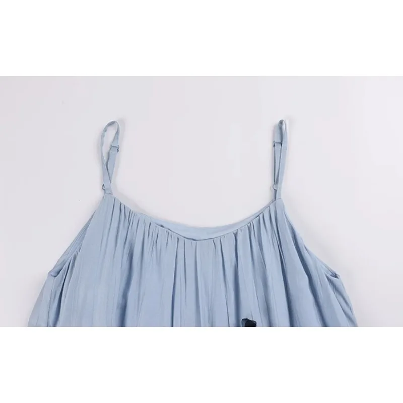 Blue Camis Dress Halter stampato Backless senza maniche abiti sottili pieghettato a-line gonna di media lunghezza in stile francese abbigliamento Preppy