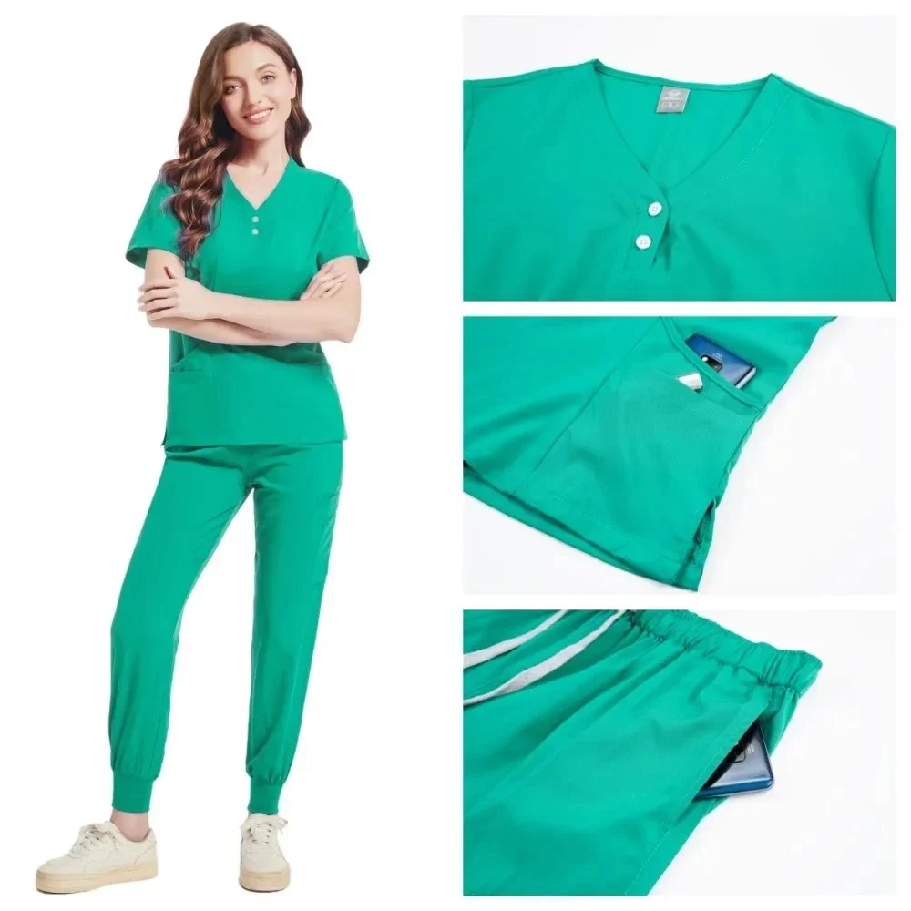 New High-quality Nursing Scrubs Uniform Suit Short Sleeve V-neck Tops+Pants Sets Women Multicolor Pet Medical Workwear Nurse