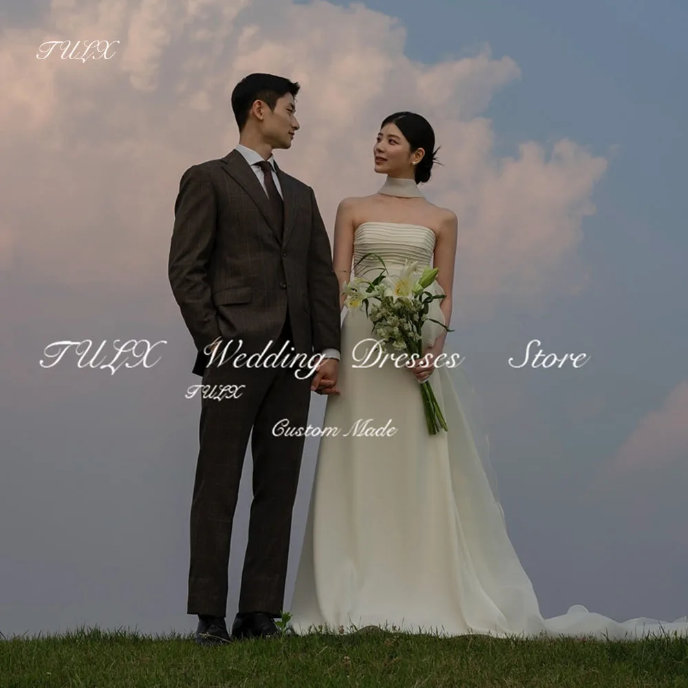 

TULX Elegant Strapless Pleat Korea Satin Wedding Photo Shoot Dress Elegant A line Long Bridal Gowns Corset Custom Made 웨딩드레스