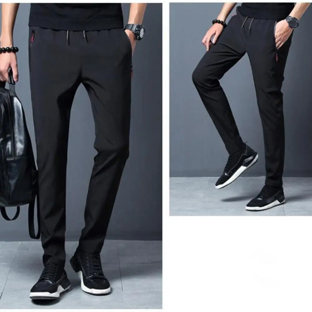 

Men Pants Slim Fit Ice Silk Men's Sport Pants with Side Zippered Pockets Elastic Waist Drawstring for Gym Training Jogging Men