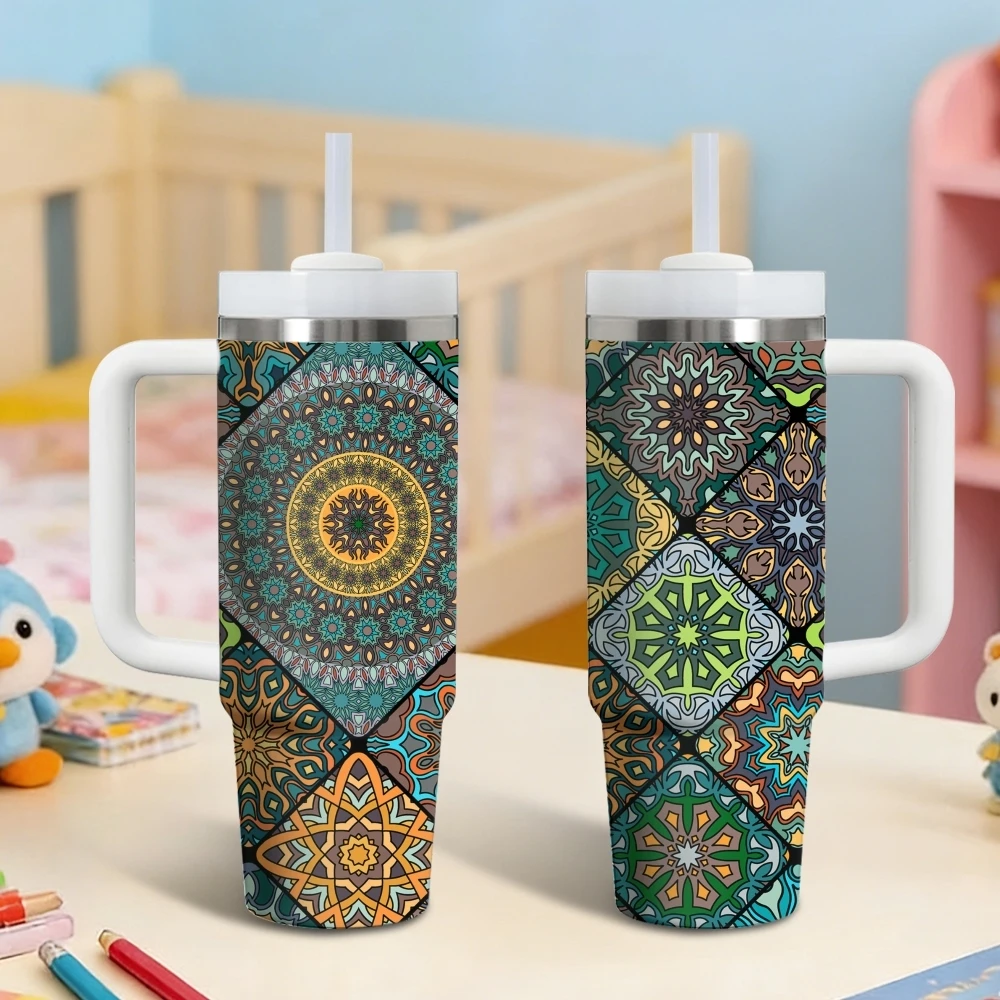 Colorful mandala tiles pattern Vacuum Flasks 40oz Stainless Steel Vacuum Insulated Tumbler with Straw Leak Resistant Travel Mug
