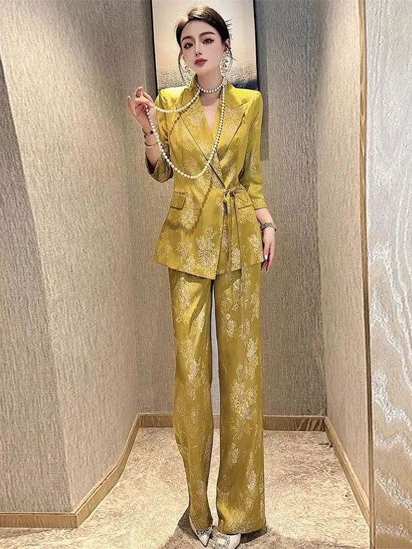 Fashionable High-End Suit Set Women's Long Sleeve V-Neck Button-Up Wide Leg Pants Elegant Lady Style Autumn Spring Summer