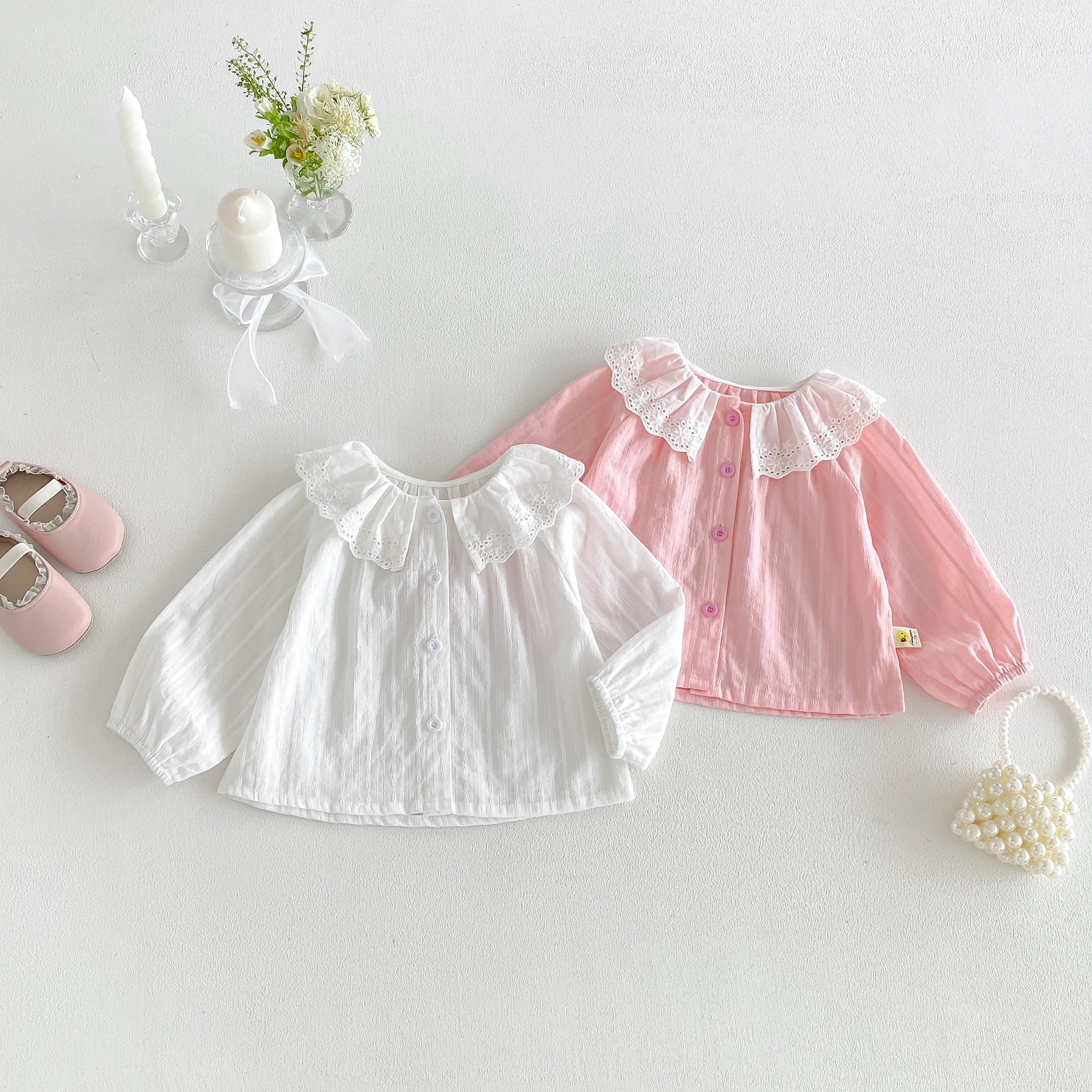 Girls' Doll-Neck Shirt 2026 New Autumn Korean Style Lace Puff Sleeve Blouse for baby Girls