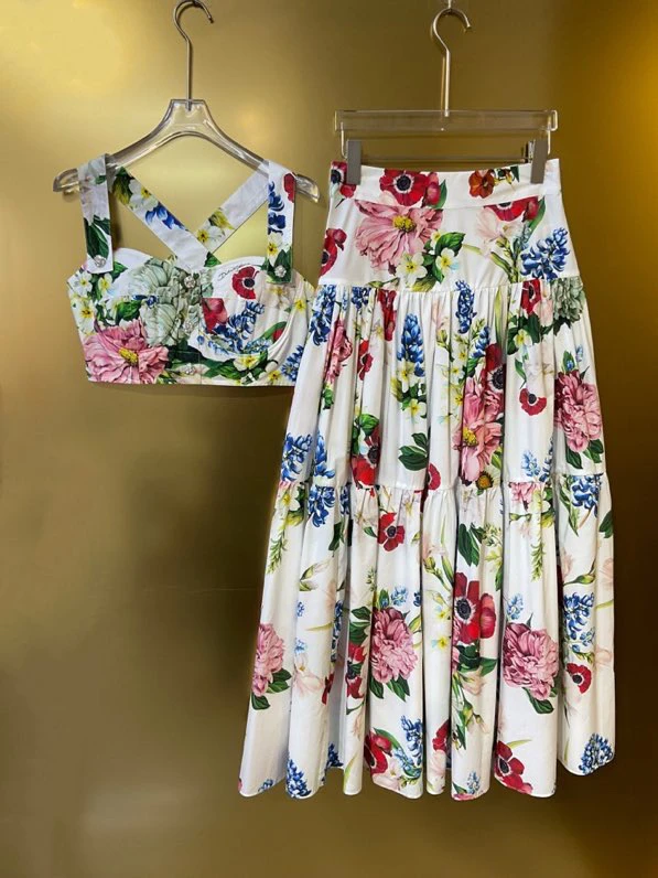 

Модный комплект из хлопковой длинной юбки с цветочным принтом, топ с бриллиантовым синим ремешком и дизайнерский женский ансамбль Ele