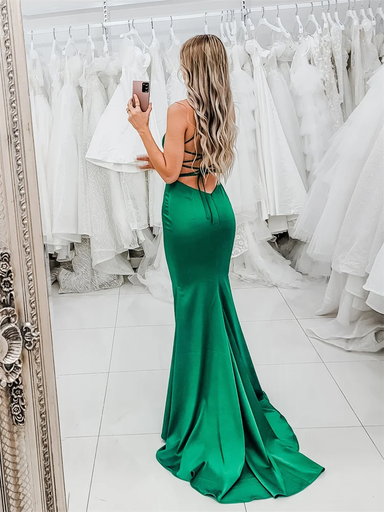 New Arrival Strapless Boat Neckline Satin Mermaid Evening Dress Sexy Lace Up Back Floor Length Sweep Train Gown For Women 2024