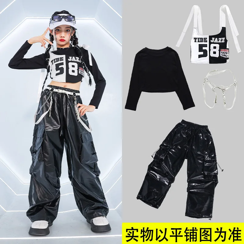 Kinder Street Dance Performance Outfit Motorradjacke Glänzendes Leder Show Off Mädchen Jazz Dance Kostüm Trendy Girl Group