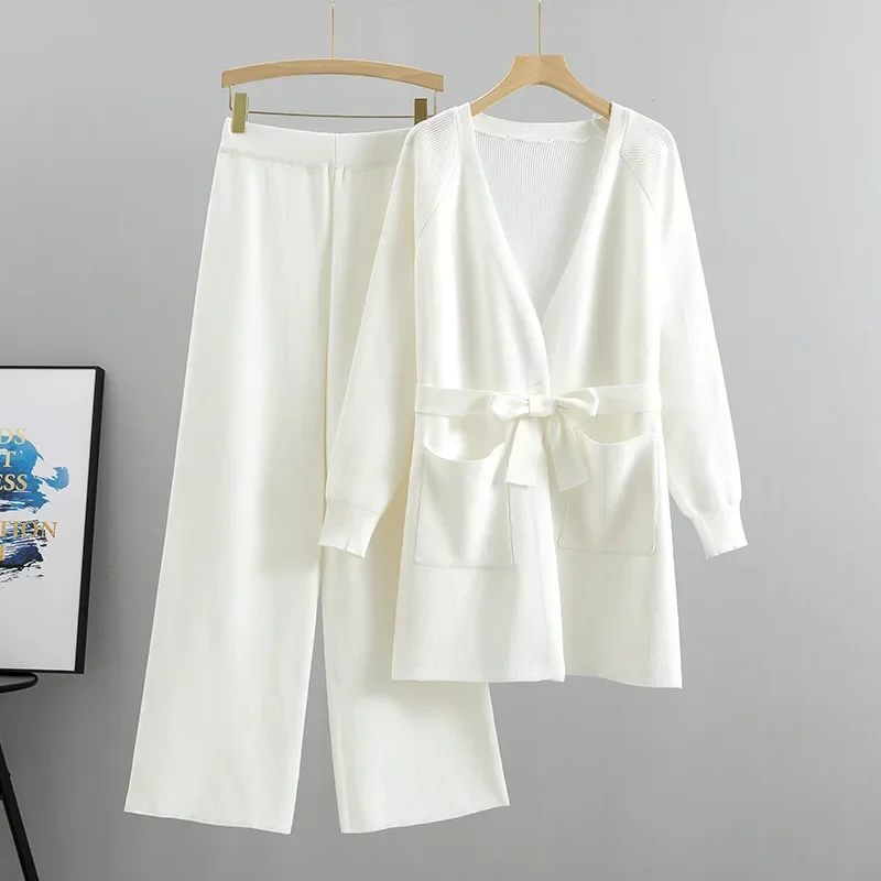 Autumn Winter Warm Knitted Suit Women Long Sleeve Sweater And Wide Leg Pants Sets Solid Color Loose Sets Long Cardigan Outfits