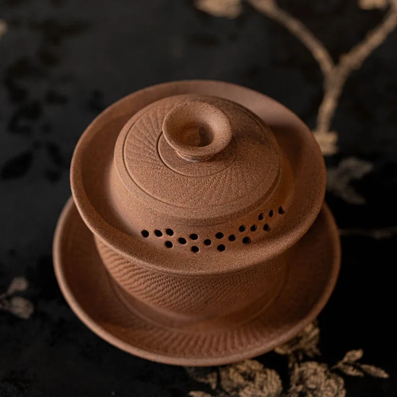Coarse Pottery Jumping Knife with Three Talents To Cover The Bowl Anti Scalding Hand Covered Tea Set Teacup Household Tea Bowl