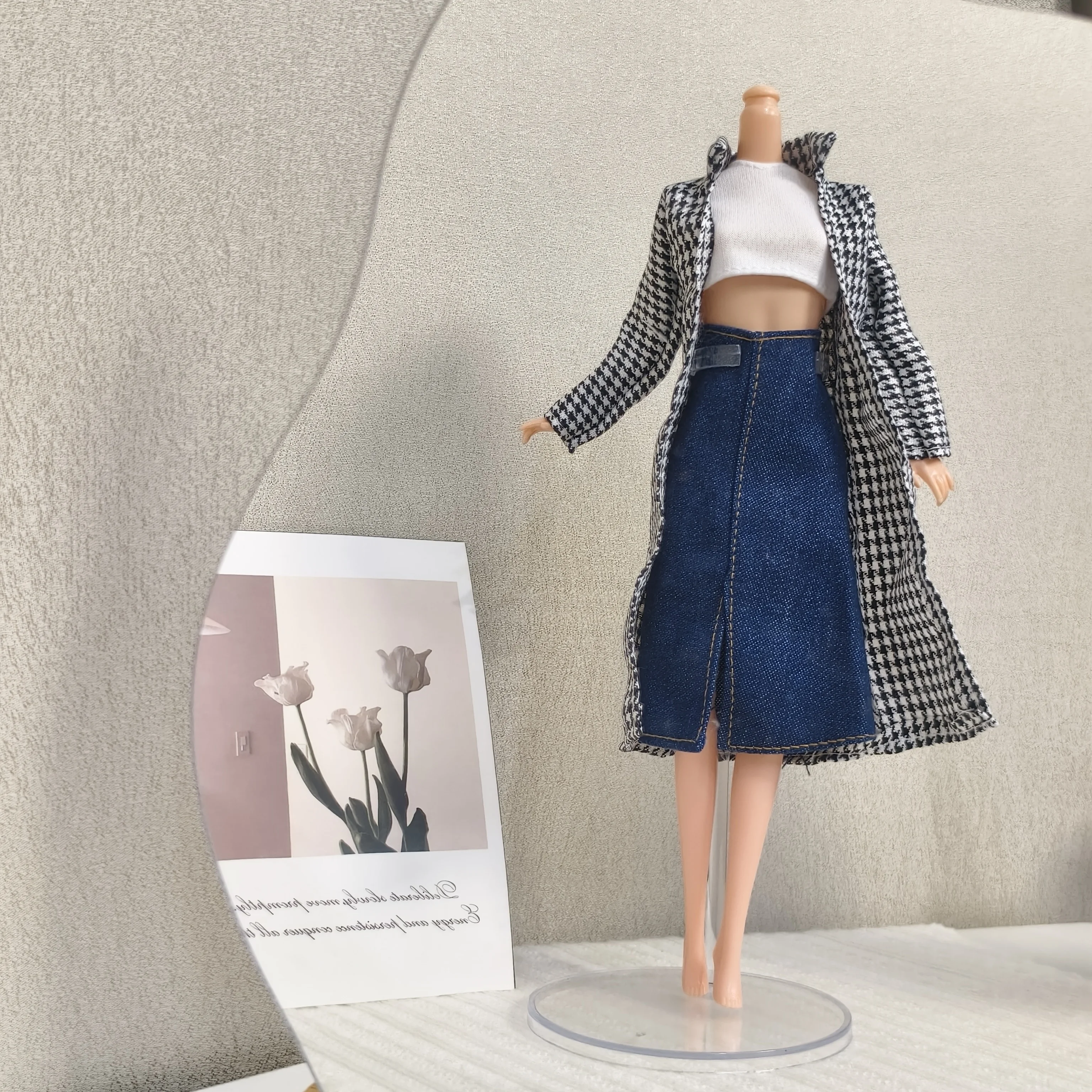 Simple Commuter Style White Vest+Plaid Jacket+Denim Split Skirt For 1/6 FR Babi Supermodel Doll 30cm Doll Clothes Accessories