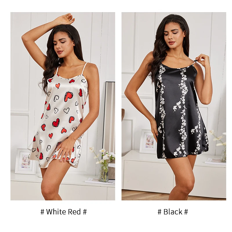 Women\'s Floral Print Nightgown Sleepwear Casual Sexy Loungewear Satin Slip Nightdress Backless Sleep Dress Sleepshirt Pajamas