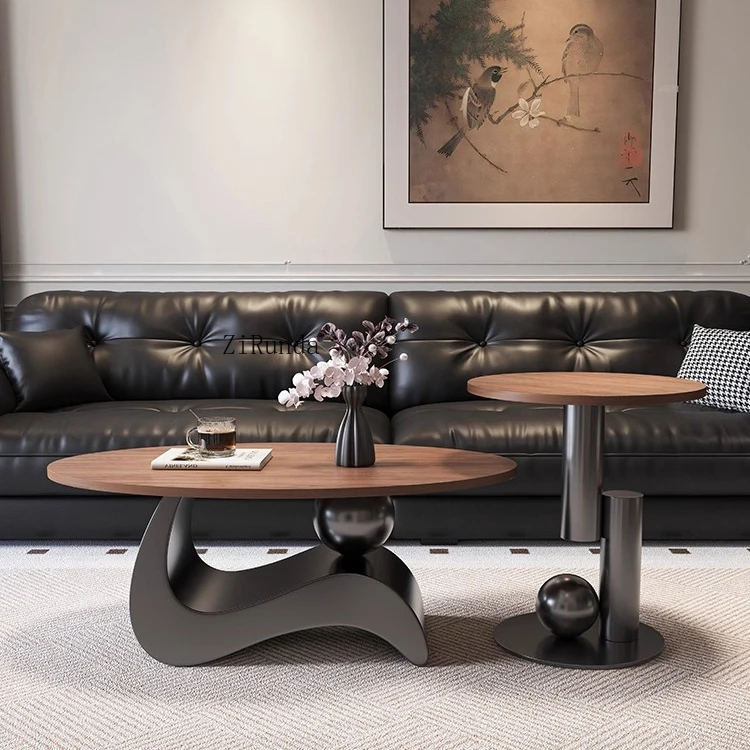 Living Room Apartment Oval Coffee Table Durable Convertible Walnut Side Table