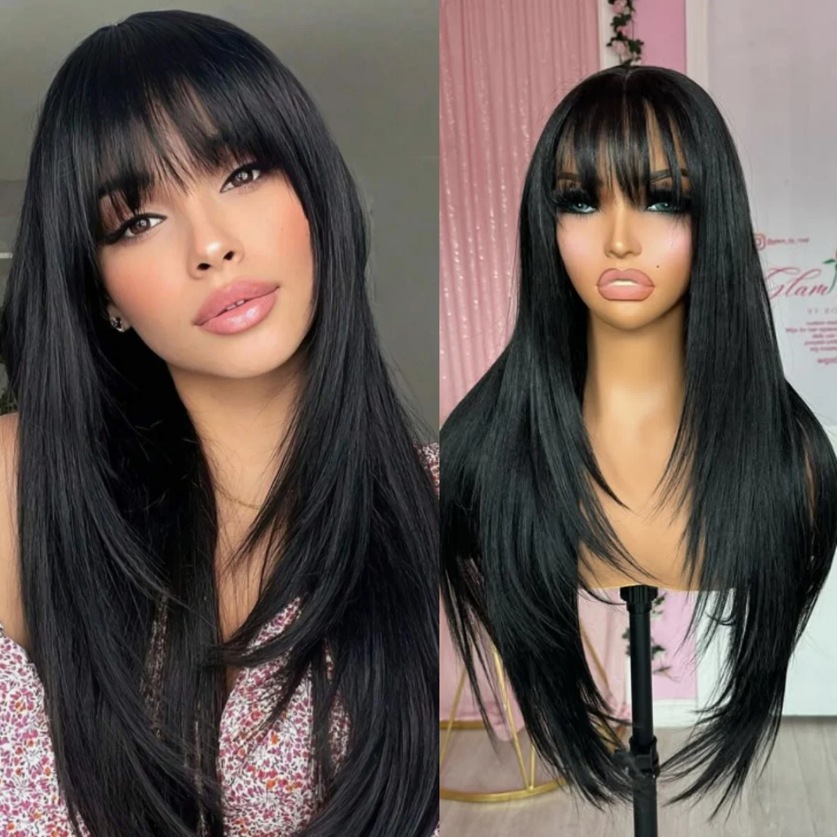 

Многослойный парик с прямым синтетическим волосом, черный, 13x4 HD, прозрачный, высококачественный, без клея, предварительно прорезанный, для вечеринок и косплея