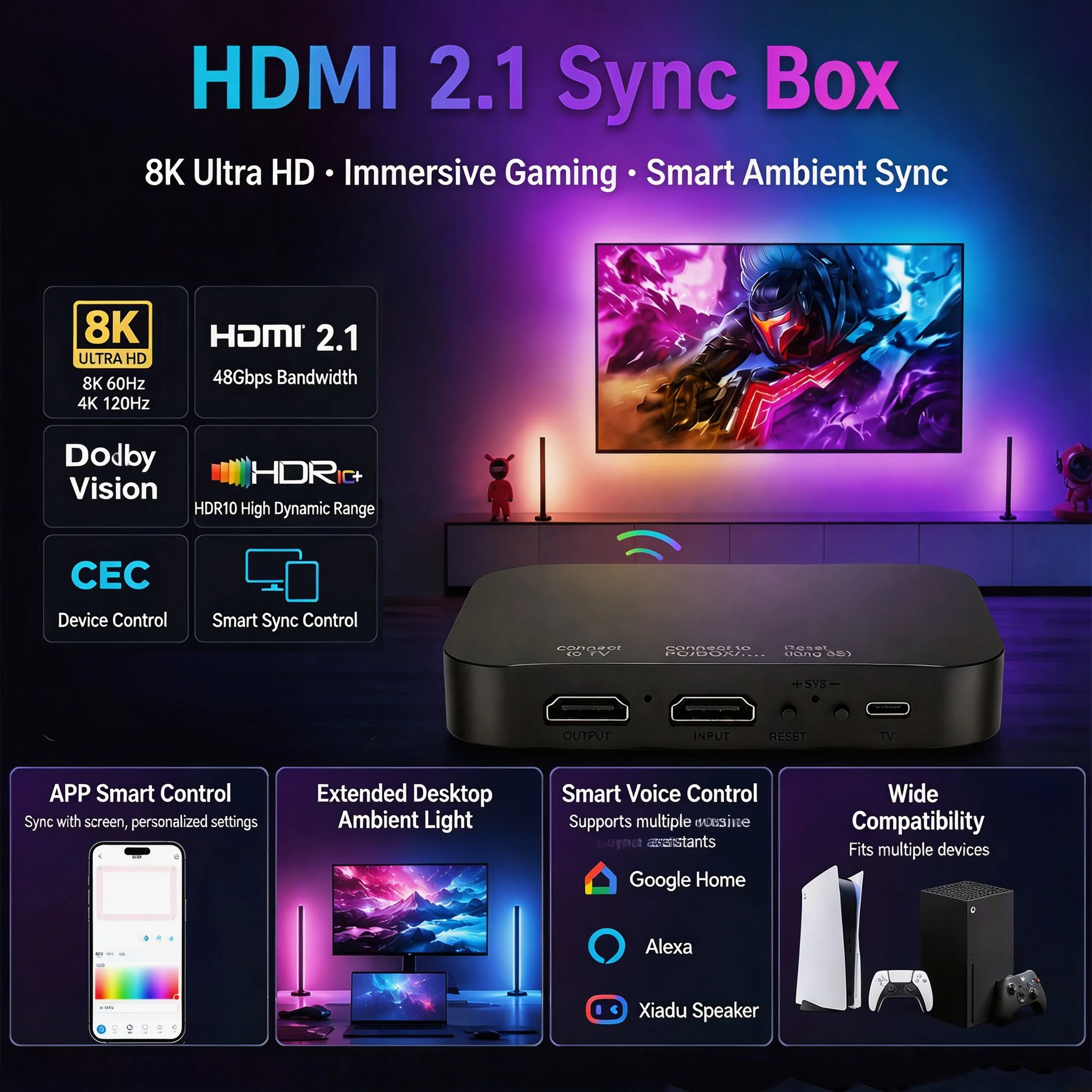 HDMI 2.1 Ambient LED Backlight For 24-120 inch TV PC LED Strip Lights HDMI Sync Box For Support TV Box Game Console XBOX