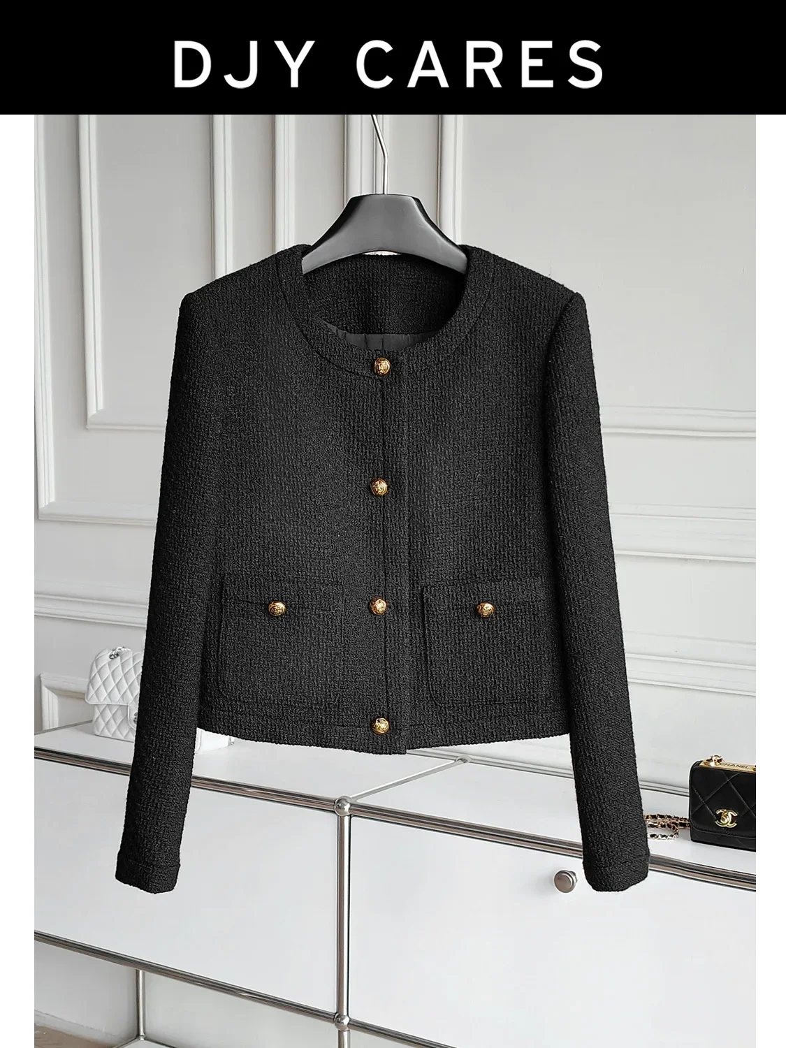 

New Bold woolen fashionable black jacket, high-end short style, light luxury versatile big size