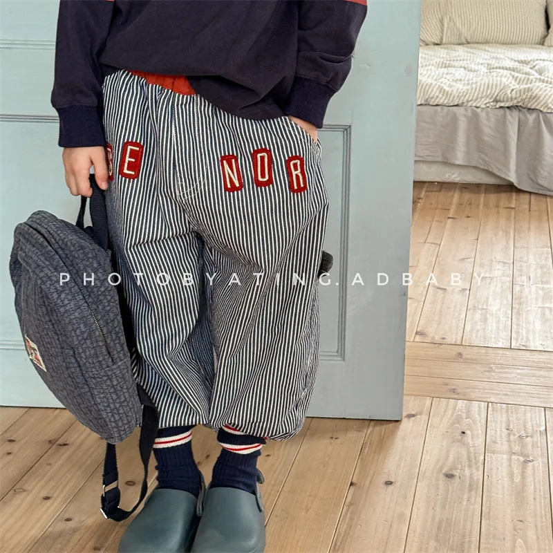 2024 Autumn New Children Casual Pants Cotton Toddler Girls Letter Embroidery Striped Harem Pants Kids Boys Loose Trousers