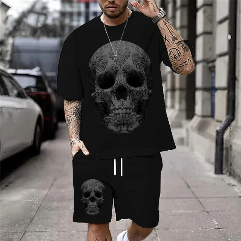 2024 New Summer Men's Casual Set Skull 3D Printed Street Fashion T-shirt Extra Large Loose Outdoor Sports Running Shorts