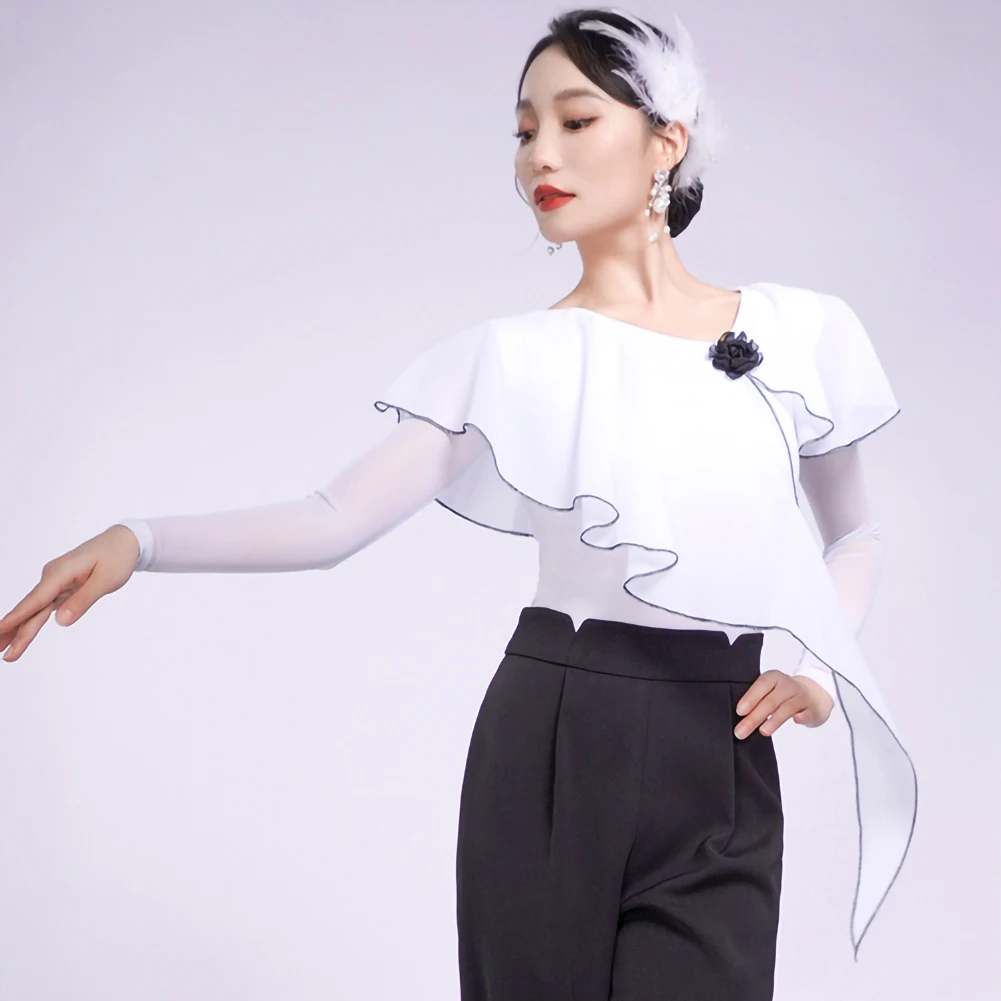 Nuovo stile Top da ballo Manica lunga Nero Prova generale Viola Vestiti per il corpo delle donne Scialle di fiori tridimensionali Bianco di alta qualità