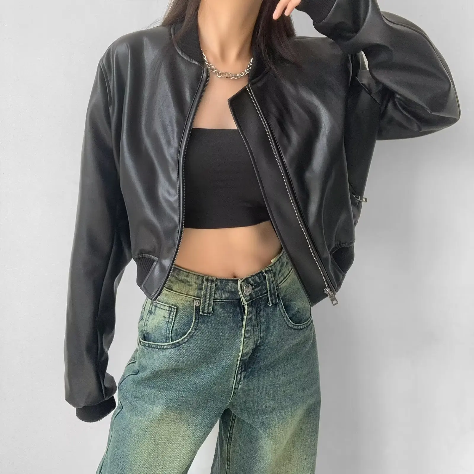 Cappotto da motociclista Cé Brown Jaet Colletto alla coreana da donna 2025 Primavera Nuovo design American Sle Leather Jaet Trendy Streetwear