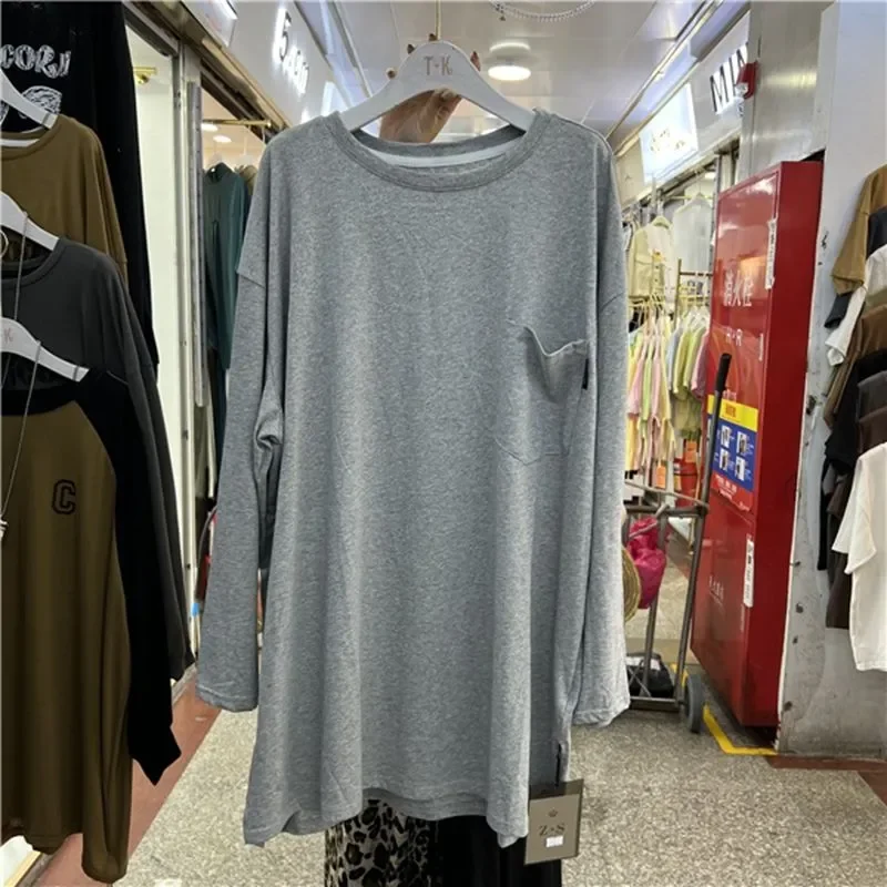 Hong Kong Style Simple Long-sleeved T-shirt for Women Korean Style Loose Solid Color Mid-length Top Bottoming Shirt
